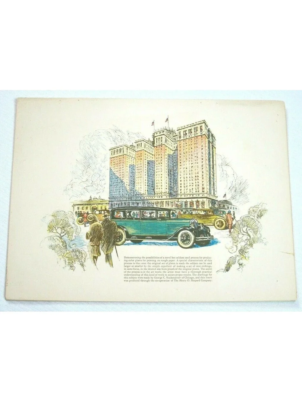 Vintage 1920s Chicago Art Print Automobiles & Skyscraper Buildings 9 x 12 RARE